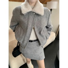 批发秋<b class='q'>冬</b>季夹棉可拆卸毛领短外套休闲百搭毛呢短裙女时尚两件套装女潮