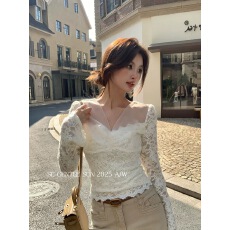 批发新款 林姿十三行2025冬季气质V领蕾丝打底衫百搭上衣<b class='q'>小衫</b>女