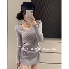 批发气质抽绳系带V领收腰针织连衣裙秋冬修身显瘦弹性毛线内搭<b class='q'>打底裙</b>