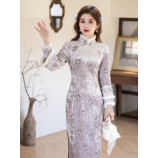 批发紫色旗袍女<b class='q'>秋</b>冬加绒改良版温柔知性蝴蝶刺绣长袖气质中式日常旅游