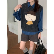 批发学院风小狗刺绣牦牛绒针织马甲<b class='q'>牛仔</b>衬衫两件套女2025冬季时尚新款