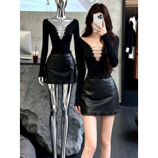 美式辣妹气质酷飒性感深V修身长袖上衣皮裙女装2026春季新款套装