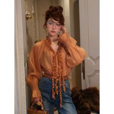 批发孙瑜儿 木耳压褶<b class='q'>衬衫</b>女新款轻薄微透<b class='q'>灯笼袖</b>宽松优雅贵气纯色上衣