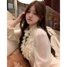 批发南油26春秋新品女装层层波浪蕾丝花边领立体<b class='q'>蝴蝶结</b>泡泡袖套头上衣