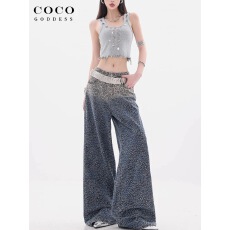 批发ABWEAR 豹纹丛林-原创复古渐变亮片豹纹牛仔<b class='q'>裤</b>女<b class='q'>夏季</b>宽松阔腿<b class='q'>裤</b>