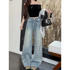 批发韩国满天星<b class='q'>烫钻</b>阔腿<b class='q'>牛仔裤</b>女加绒2025冬新款高腰显瘦小个子拖地裤