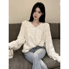 批发韩系重工亮片流苏v领上衣女秋<b class='q'>冬</b>超好看气质名媛长袖高级感打底衫