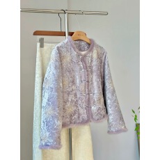 批发新中式紫色羽绒服重工刺绣丝绒外套女冬季减龄国风水貂毛盘扣上衣