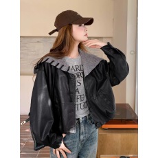 批发咖色皮衣外套女2025秋<b class='q'>冬</b>新款设计感针织翻领夹克宽松显瘦短款上衣