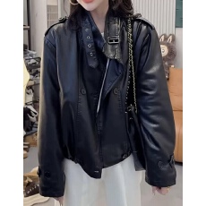 批发高端欧货2025新款高级感黑色复古廓形立领肩章PU皮衣外套女皮夹克