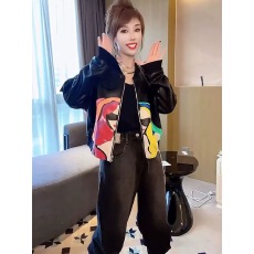 批发欧洲站短款皮衣外套女<b class='q'>春</b>秋拉链PU皮个性女孩印花上衣时尚减龄夹克