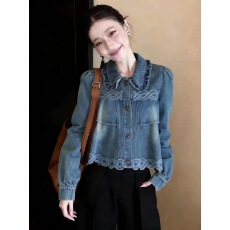批发2025韩国<b class='q'>东大门</b><b class='q'>代购</b>冬装女装新款翻领甜美拼接花边荷叶边牛仔衬衫