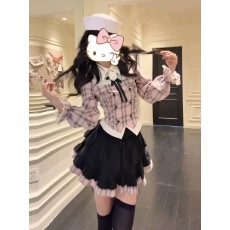 批发韩系chic甜妹系套装裙女春秋季设计感格纹长袖衬衣蛋糕短裙两件套