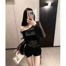 批发LING 御姐风斜肩网纱烫钻抽绳收腰长袖辣妹显瘦中长款上衣