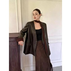 批发TARU设计师款轻奢V领皮衣外套女拼接麂皮反袖气质<b class='q'>通勤</b>气质款飘带