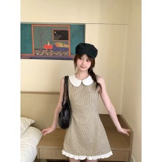 批发孔真烦呐 韩系复古格纹<b class='q'>娃娃领</b><b class='q'>连衣裙</b>女新款无袖背心裙收腰短裙子