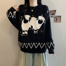 卡通刺绣套头毛衣女减龄针织衫上衣