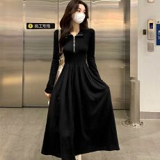 批发法式气质赫本风<b class='q'>黑色</b>长袖针织连衣裙子女高级感显瘦长裙<b class='q'>打底裙</b>