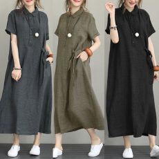 批发跨境<b class='q'>外贸</b>新款日式纯色棉麻翻领 短袖宽松口袋女装休闲<b class='q'>连衣裙</b>女