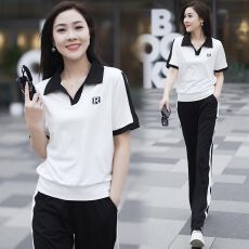 批发大码运动套装女<b class='q'>夏</b>季薄款2023年新款女时尚洋气短袖翻领潮牌两件套