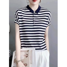批发冰丝短袖针织衫夏款设计感小众<b class='q'>翻领</b><b class='q'>t</b><b class='q'>恤</b>宽松休闲百搭套头条纹上衣