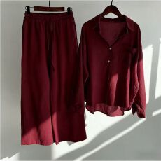 批发2026跨境亚马逊女士复古<b class='q'>加大码</b>棉麻衬衫套装高腰宽松长裤两件套女