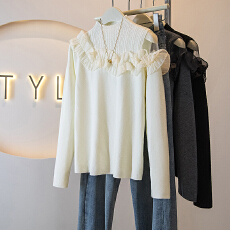 批发实拍<b class='q'>大码</b>女装秋冬新款韩系甜美蕾丝设计拼接露肩针织减龄内搭上衣