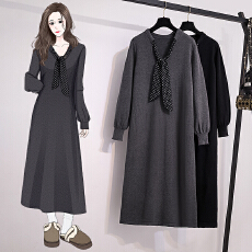 批发实拍大码女装秋冬新款韩系款波点领带设计拼接遮肉显瘦针织<b class='q'>连衣裙</b>