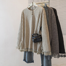 批发实拍大码冬女装新款韩系蕾丝拼接胖MM宽松减龄百搭打底T恤上衣