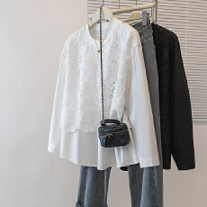 批发实拍大码冬季女装新款韩版高级感蕾丝拼接潮流设计感显瘦修身上衣