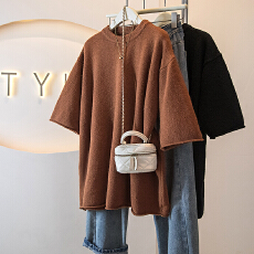 批发实拍大码女装新款韩版休闲短袖落肩显瘦中长慵懒遮肉圆领针织上衣