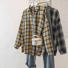 批发实拍大码女装新款韩版慵懒风小众格子衬衫显瘦衬衣宽松防晒上衣