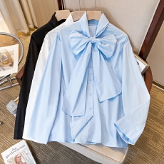 批发实拍大码女装春季高级感韩版设计感蝴蝶结绑带立领宽松型衬衫上衣