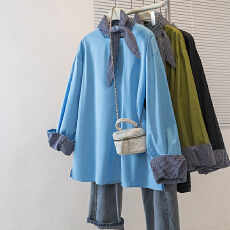 批发实拍大码女装新款韩系长袖衬衫女拼接格子围巾领百搭休闲宽松上衣