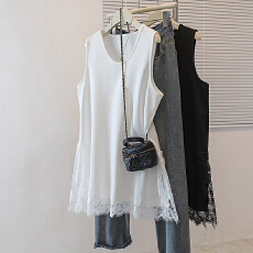 批发实拍大码女装新款韩版高级潮流设计显瘦无袖蕾丝拼接简修身上衣