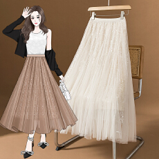 批发实拍大码女装新款春季韩版设计感亮片网纱大摆垂感仙女纱裙半身裙