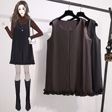 批发实拍大码女装春季新款韩版气质设计皮裙拼接宽松显瘦连衣裙