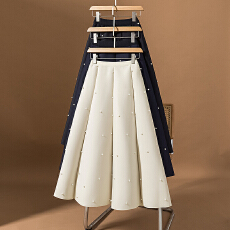 批发实拍大码女装春季新款韩版赫本风气质重工钉珠A字褶皱宽松半身裙