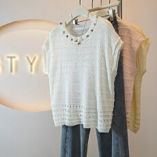 批发<b class='q'>实拍</b><b class='q'>大码</b><b class='q'>女装</b>民族风温柔串珠镂空圆领针织T洋气减龄宽松百搭上衣