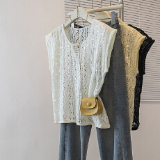 批发实拍大码女装韩版新款法式重工亮片镂空高级闪闪亮感冰丝宽松上衣