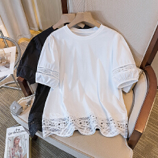 批发实拍大码女装气质胖MM新款韩版潮流蕾丝拼接设计感显瘦修身上衣