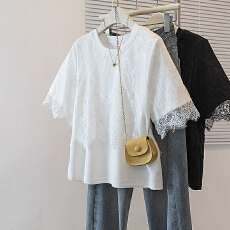 批发实拍大码女装新款韩版气质胖MM高级感潮流蕾丝设计感显瘦宽松上衣