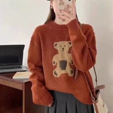 批发卡通小熊圆领长袖毛衣<b class='q'>女装</b>冬季宽松复古慵懒风内搭减龄针织衫上衣