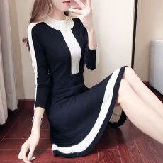 批发韩国<b class='q'>高档</b>镂空中长款过膝毛衣裙秋冬圆领撞色打底内搭针织衫<b class='q'>连衣裙</b>