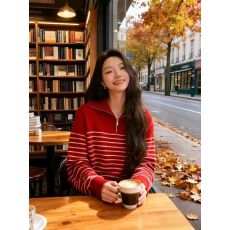 批发秋韩系慵懒松弛感上衣巨好看气质轻熟高级感黑色条纹POLO针织衫