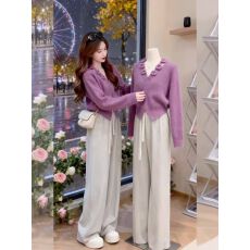 批发秋季高级感穿搭时尚甜美设计感花朵领针织开<b class='q'>衫</b>独特绝美小套装深秋