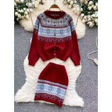 批发波西米亚风复古针织小个子甜美套装女冬<b class='q'>长袖</b>圆领毛衣+高腰半身裙