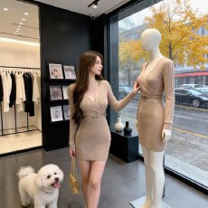 批发韩系气质V领OL针织毛衣<b class='q'>连衣裙</b>秋冬小个子心机<b class='q'>夜店</b>复古港风包臀裙