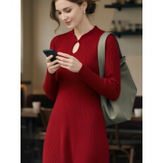 批发韩国2025冬季新款新中式红色针织连衣<b class='q'>裙</b>女修身中长款气质<b class='q'>伞</b><b class='q'>裙</b>优雅