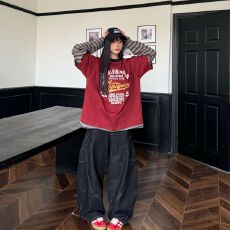 批发2026新款美式复古拼接撞色<b class='q'>休闲</b>宽松印花假两件百搭圆领长袖T恤女